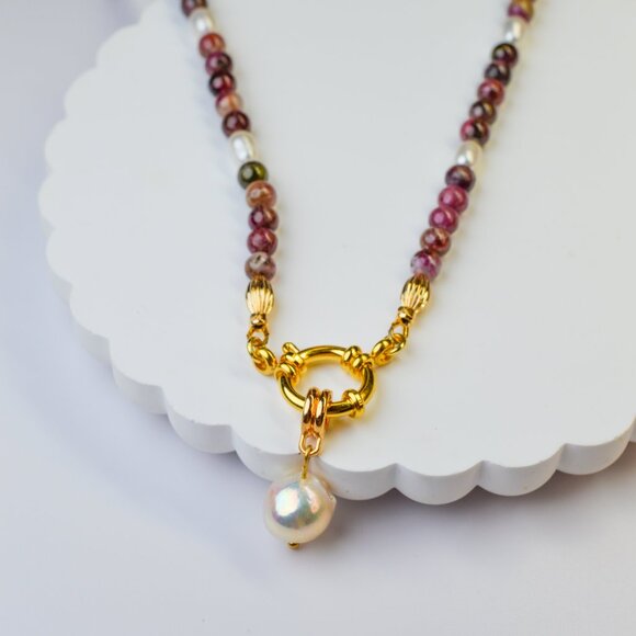 Tourmaline & Edison Pearl Pendant Necklace 20" - Picture 2 of 7